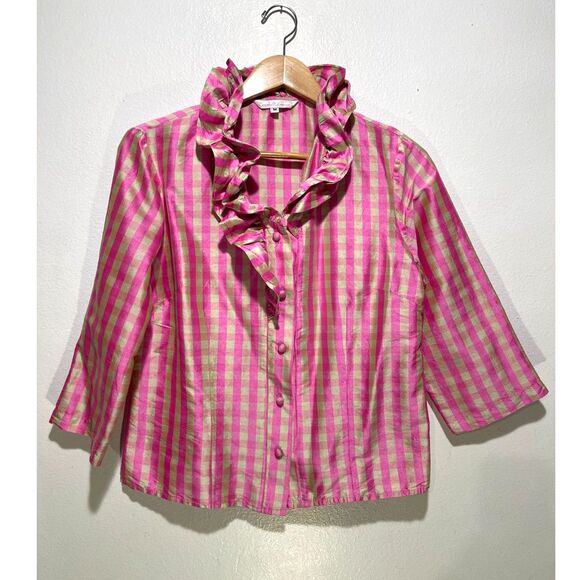 Connie Roberson Tops - Connie Roberson silk shirt VTG USA made raffle neck pink plaid romantic women M